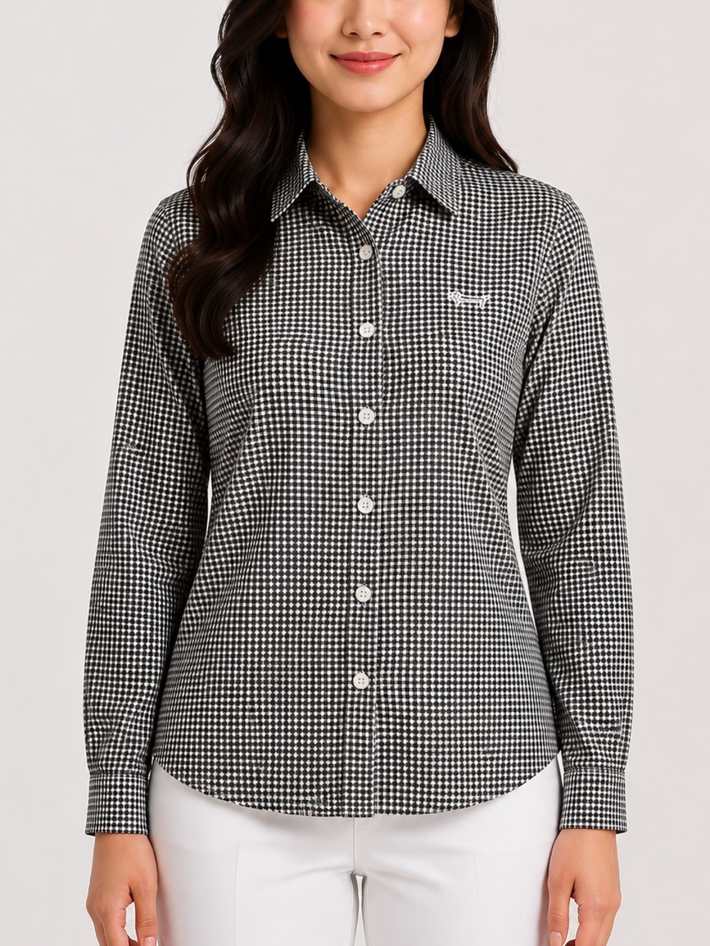 Louis Castel Women’s Long Sleeves Black & White Checkered Golf Shirt Sz 100/M-L